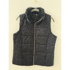 Activology Women's Black Leopard Puffer Vest With Faux Fur Collar Size Medium